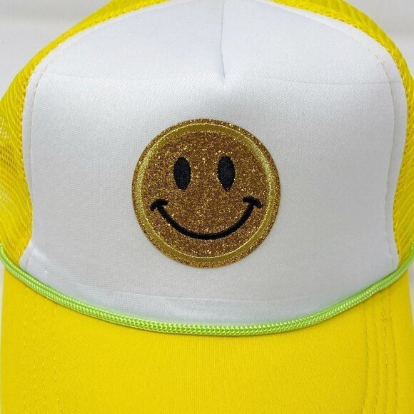Yellow White Smiley Face Retro Trucker Snapback Hat Cap - Picture 14 of 15